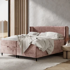 Boxspringbed met hoofdeinde van chenillestof – Monpelli – matras en dekmatras – 160×200 cm – roze