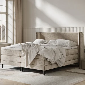 Boxspringbed met hoofdeinde van chenillestof – Carizzo – matras en dekmatras – 180×200 cm – beige Boxspringbed met hoofdeinde van chenillestof – Carizzo – matras en dekmatras – 180×200 cm – beige