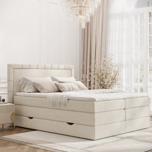Boxspringbed met hoofdeinde van bouclestof – Rosabel – matras en dekmatras – 140×200 cm – creme