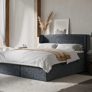 Boxspringbed met hoofdeinde van geweven stof – Skyline – matras en dekmatras – 140×200 cm – marineblauw