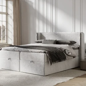Boxspringbed met hoofdeinde van chenillestof – Passion – matras en dekmatras – 180×200 cm – lichtgrijs