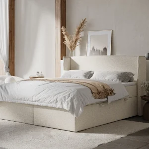Boxspringbed met hoofdeinde van bouclestof – Skyline – matras en dekmatras – 180×200 cm – creme Boxspringbed met hoofdeinde van bouclestof – Skyline – matras en dekmatras – 180×200 cm – creme