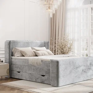 Boxspringbed met hoofdeinde van chenillestof – Freeland – matras en dekmatras – 160×200 cm – lichtgrijs