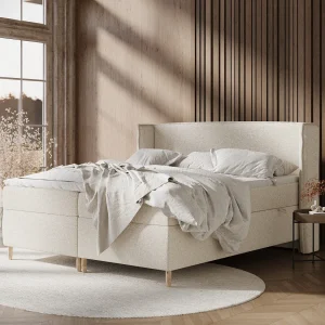 Boxspringbed van boucléstof Segni – matras – toppermatras – 140×200 cm – creme