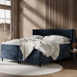 Boxspringbed van chenillestof Segni – matras – topper matras – 200×200 cm – marineblauw