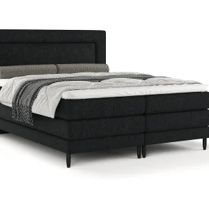 Boxspringbed met hoofdeinde van geweven stof – Madame – matras en dekmatras – 200×200 cm – zwart