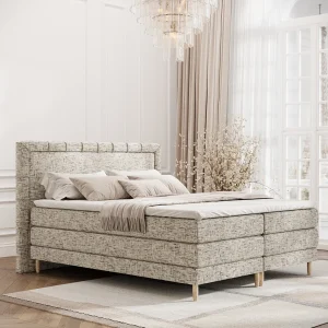 Boxspringbed met hoofdeinde van geweven stof – Rimini – matras en dekmatras – 160×200 cm – beige mélangé