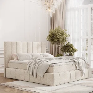 Boxspringbed met hoofdeinde van bouclestof – Moretti – matras en dekmatras – 160×200 cm – creme