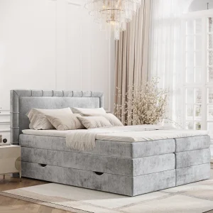 Boxspringbed met hoofdeinde van chenillestof – Rosabel – matras en dekmatras – 180×200 cm – lichtgrijs