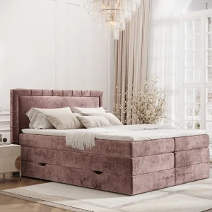 Boxspringbed met hoofdeinde van chenillestof – Rosabel – matras en dekmatras – 160×200 cm – roze