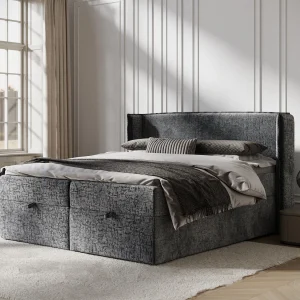 Boxspringbed met hoofdeinde van chenillestof – Passion – matras en dekmatras – 200×200 cm – grafiet