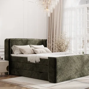 Boxspringbed met hoofdeinde van chenillestof – Freeland – matras en dekmatras – 160×200 cm – olijfgroen Boxspringbed met hoofdeinde van chenillestof – Freeland – matras en dekmatras – 160×200 cm – olijfgroen