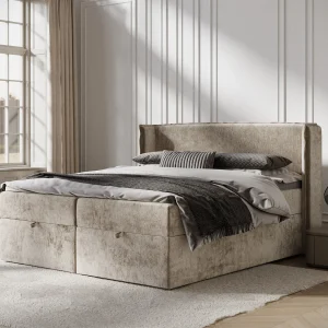 Boxspringbed met hoofdeinde van chenillestof – Passion – matras en dekmatras – 160×200 cm – beige Boxspringbed met hoofdeinde van chenillestof – Passion – matras en dekmatras – 160×200 cm – beige