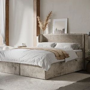 Boxspringbed met hoofdeinde van chenillestof – Skyline – matras en dekmatras – 160×200 cm – beige Boxspringbed met hoofdeinde van chenillestof – Skyline – matras en dekmatras – 160×200 cm – beige