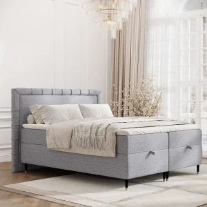 Boxspringbed met hoofdeinde van geweven stof – Voyage – matras en dekmatras – 200×200 cm – grijs
