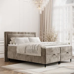 Boxspringbed met hoofdeinde van chenillestof – Voyage – matras en dekmatras – 140×200 cm – beige