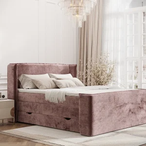 Boxspringbed met hoofdeinde van chenillestof – Freeland – matras en dekmatras – 180×200 cm – roze