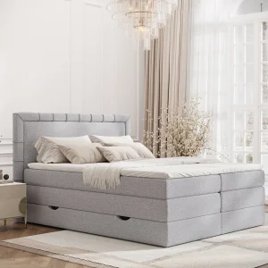 Boxspringbed met hoofdeinde van geweven stof – Rosabel – matras en dekmatras – 200×200 cm – lichtgrijs