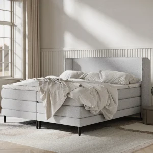 Boxspringbed met hoofdeinde van geweven stof – Carizzo – matras en dekmatras – 140×200 cm – lichtgrijs