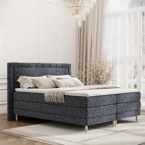Boxspringbed met hoofdeinde van geweven stof – Rimini – matras en dekmatras – 180×200 cm – marineblauw