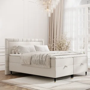 Boxspringbed met hoofdeinde van geweven stof – Voyage – matras en dekmatras – 200×200 cm – beige
