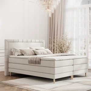 Boxspringbed met hoofdeinde van geweven stof – Rimini – matras en dekmatras – 180×200 cm – beige