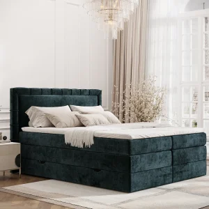 Boxspringbed met hoofdeinde van chenillestof – Rosabel – matras en dekmatras – 140×200 cm – blauwgroen Boxspringbed met hoofdeinde van chenillestof – Rosabel – matras en dekmatras – 140×200 cm – blauwgroen