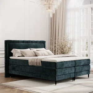Boxspringbed met hoofdeinde van chenillestof – Rimini – matras en dekmatras – 180×200 cm – blauwgroen Boxspringbed met hoofdeinde van chenillestof – Rimini – matras en dekmatras – 180×200 cm – blauwgroen