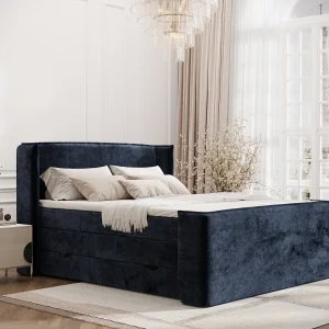 Boxspringbed met hoofdeinde van chenillestof – Freeland – matras en dekmatras – 180×200 cm – marineblauw