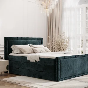 Boxspringbed met hoofdeinde van chenillestof – Estelle – matras en dekmatras – 140×200 cm – blauwgroen