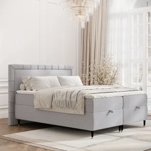 Boxspringbed met hoofdeinde van geweven stof – Voyage – matras en dekmatras – 160×200 cm – lichtgrijs