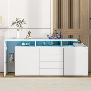 Buffet 2 deuren 4 laden en 1 glazen plank, 160 cm tv -kast, met LED's, deeltjespaneel, wit, 160x35x70cm