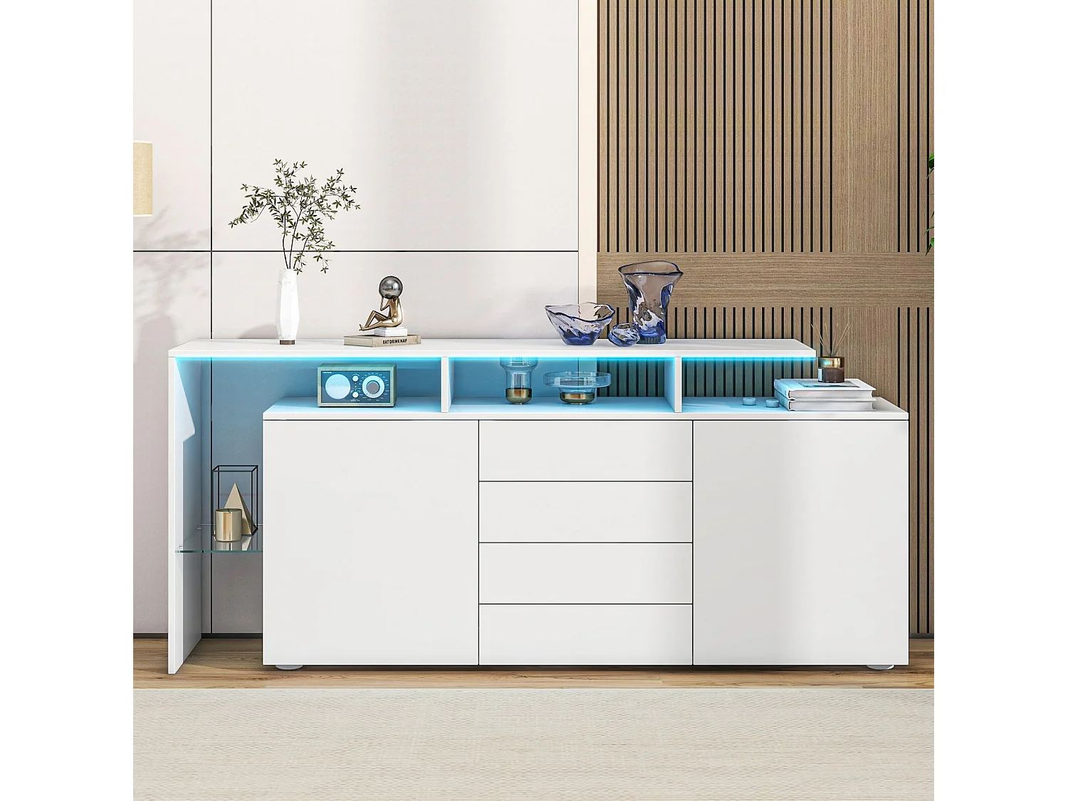 Buffet 2 deuren 4 laden en 1 glazen plank, 160 cm tv -kast, met LED's, deeltjespaneel, wit, 160x35x70cm