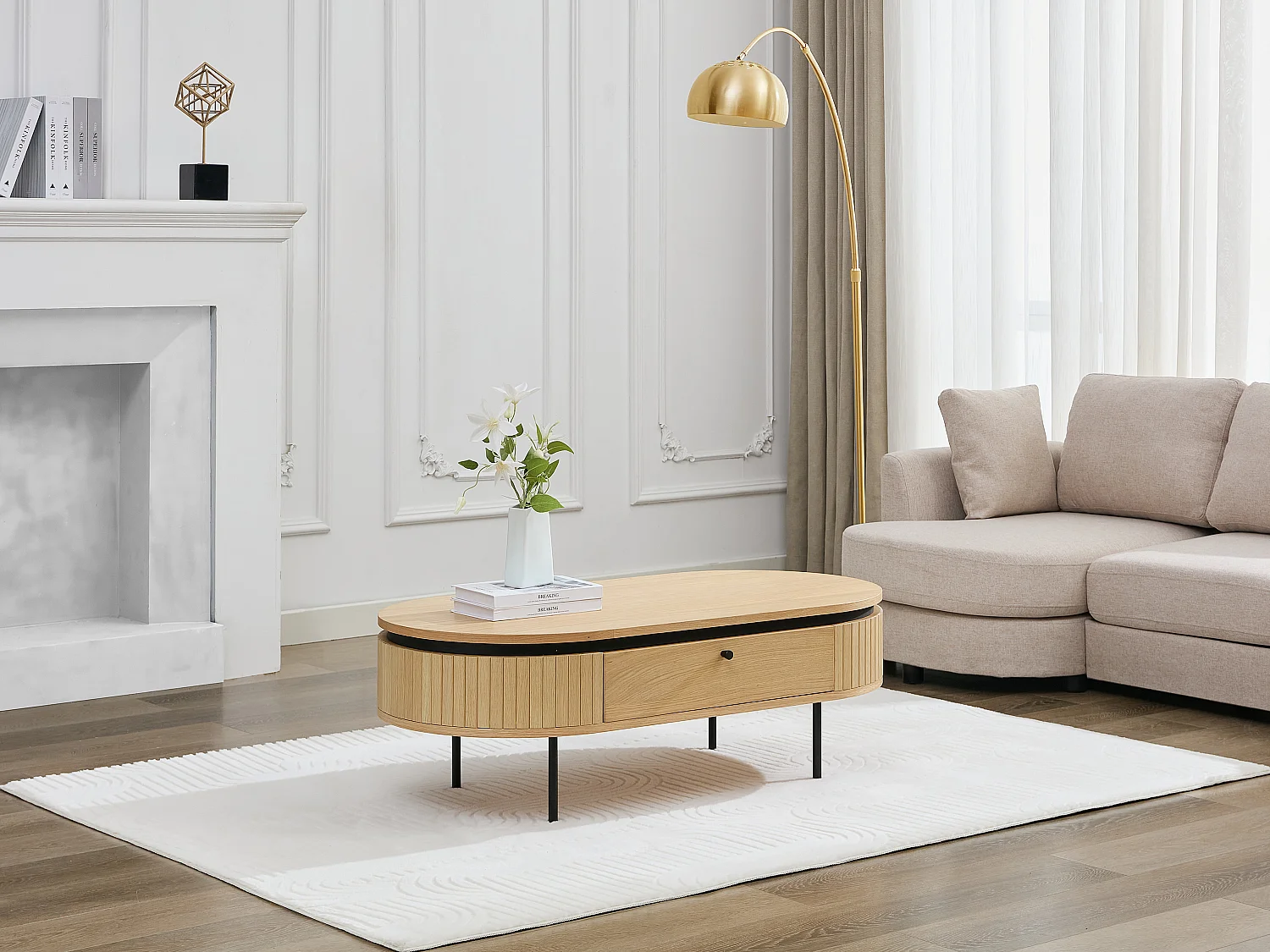 Salontafel met 2 lades met eikenfineer en metaal - Licht naturel en zwart - CARDIONA