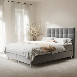 Boxspringbed met hoofdeinde van fluweelstof – Chanton – matras en dekmatras – 180×200 cm – grijs Boxspringbed met hoofdeinde van fluweelstof – Chanton – matras en dekmatras – 180×200 cm – grijs