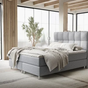 Boxspringbed met hoofdeinde van geweven stof – Elisio – matras en dekmatras – 140×200 cm – grijs