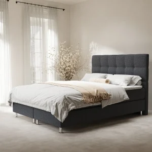 Boxspringbed met hoofdeinde van geweven stof – Chanton – matras en dekmatras – 160×200 cm – zwart