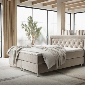 Boxspringbed met hoofdeinde van fluweelstof – Lavello – matras en dekmatras – 160×200 cm – taupe