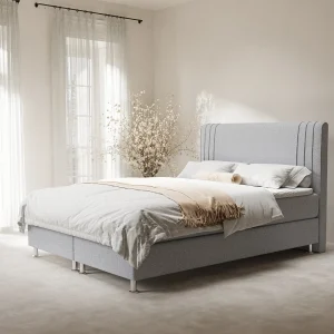 Boxspringbed met hoofdeinde van geweven stof – Casone – matras en dekmatras – 200×200 cm – lichtgrijs