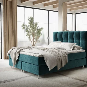 Boxspringbed met hoofdeinde van fluweelstof – Elisio – matras en dekmatras – 160×200 cm – turquoise Boxspringbed met hoofdeinde van fluweelstof – Elisio – matras en dekmatras – 160×200 cm – turquoise