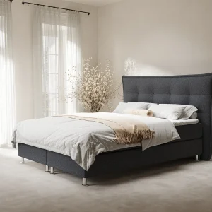 Boxspringbed met hoofdeinde van geweven stof – Minori – matras en dekmatras – 140×200 cm – zwart