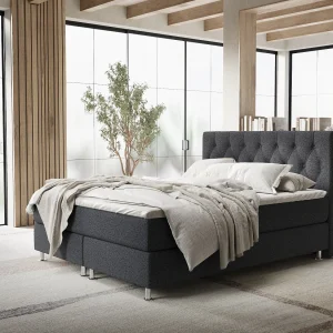 Boxspringbed met hoofdeinde van geweven stof – Excelsior – matras en dekmatras – 160×200 cm – zwart