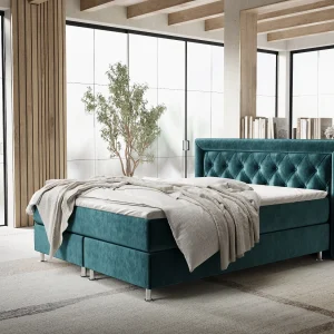Boxspringbed met hoofdeinde van fluweelstof – Lavello – matras en dekmatras – 200×200 cm – turquoise
