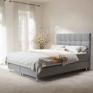 Boxspringbed met hoofdeinde van geweven stof – Chanton – matras en dekmatras – 160×200 cm – grijs