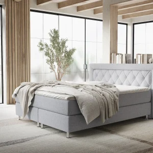 Boxspringbed met hoofdeinde van geweven stof – Lavello – matras en dekmatras – 140×200 cm – lichtgrijs