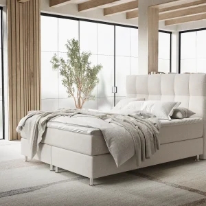 Boxspringbed met hoofdeinde van geweven stof – Elisio – matras en dekmatras – 160×200 cm – beige