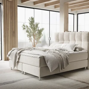 Boxspringbed met hoofdeinde van fluweelstof – Elisio – matras en dekmatras – 140×200 cm – lichtbeige Boxspringbed met hoofdeinde van fluweelstof – Elisio – matras en dekmatras – 140×200 cm – lichtbeige