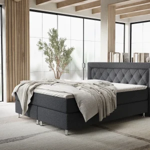 Boxspringbed met hoofdeinde van geweven stof – Lavello – matras en dekmatras – 200×200 cm – zwart