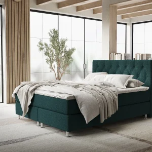 Boxspringbed met hoofdeinde van geweven stof – Excelsior – matras en dekmatras – 160×200 cm – groen