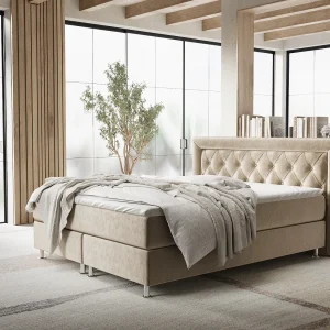 Boxspringbed met hoofdeinde van fluweelstof – Lavello – matras en dekmatras – 160×200 cm – beige
